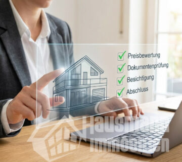 Checkliste Unterlagen Hausverkauf: Dokumentenprüfung und Preisbewertung am Laptop