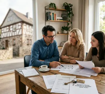 Familie in Kassel bespricht Unterlagen und Optionen zu einer geerbten Immobilie am Tisch