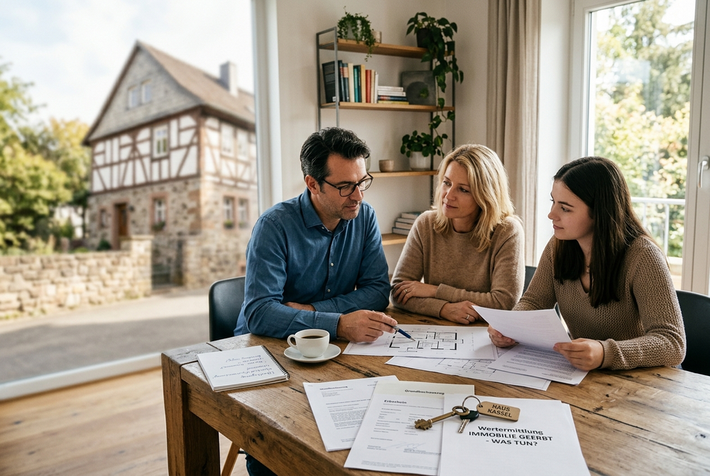 Familie in Kassel bespricht Unterlagen und Optionen zu einer geerbten Immobilie am Tisch