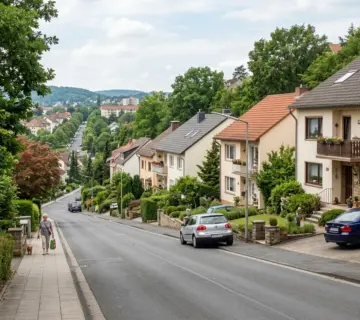 Ruhige Wohnstraße in Kassel mit gepflegten Häusern, Grün und Hanglage als Beispiel für eine gute Mikrolage