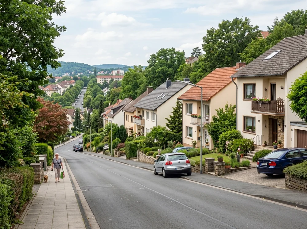 Ruhige Wohnstraße in Kassel mit gepflegten Häusern, Grün und Hanglage als Beispiel für eine gute Mikrolage